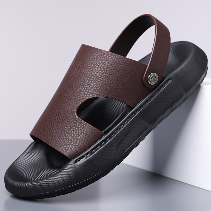 Dép sandal nam da bò lớp đầu mũi hở đế dày, dép đi biển da mềm đế êm — GA05 màu nâu, GA05 màu đen