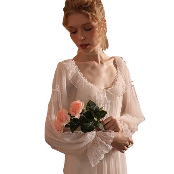 Classic Round Neck Polka Dot Mesh Fairy Nightdress Noble Romantic Nightdress Dress Nightdress Home Clothes Loose and Comfortable