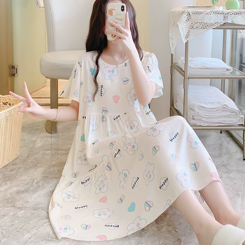 Новая хлопчатобумажная ночная рубашка для женщин летом тонкий сетка красная рубашка с принтом пижама на дому с короткими рукавами искусственная хлопчатобумажная ночная юбка