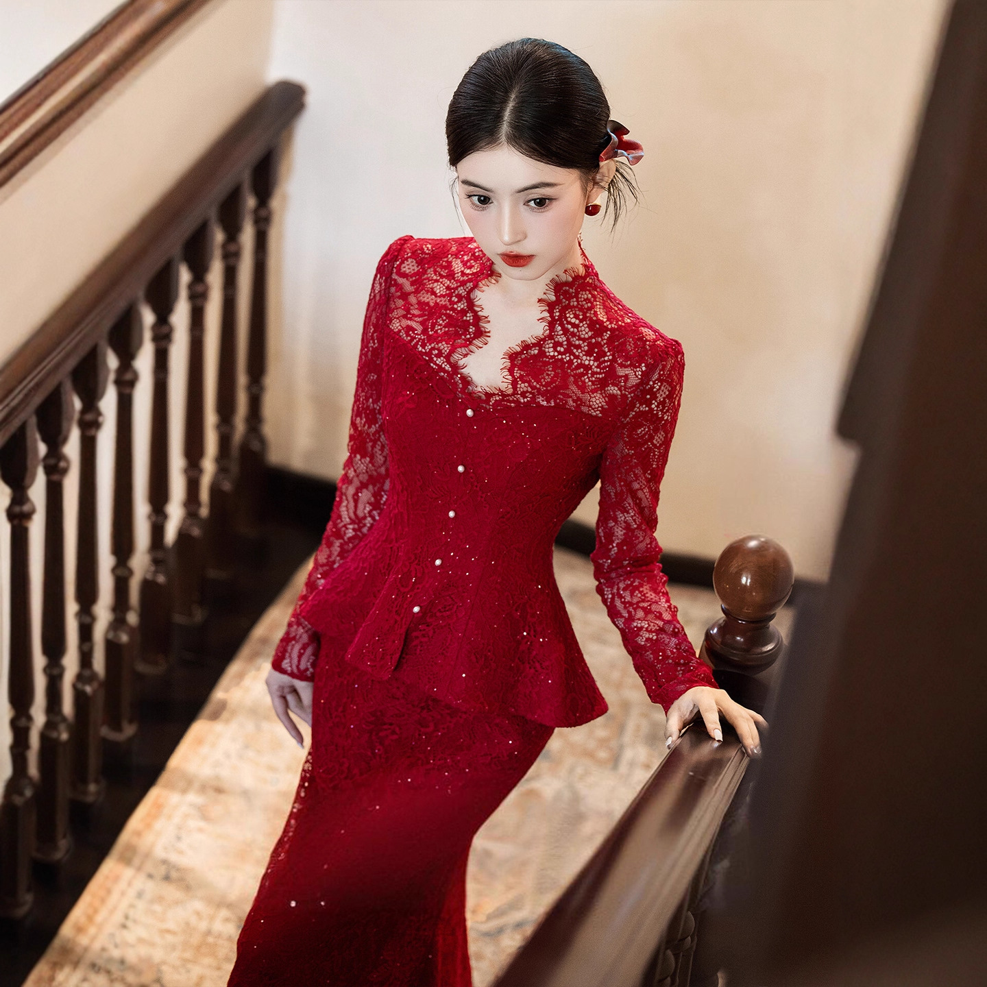 新中式敬酒服新娘酒红色两件套装订婚回门结婚晚礼服晨袍领证登记