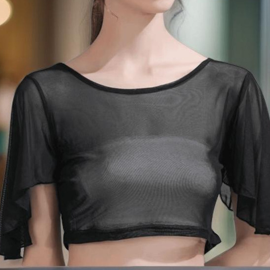 ラウンドネックハーフバットフライセクシーで多用途なフェイクカラーブラウストップ新しい女性の春夏の妖精シースルーメッシュ|undefined