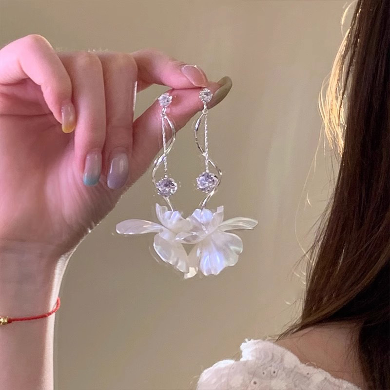 925 シルバー針フレンチフラワーロングイヤリング夏のハイエンドライト高級ホリデーイヤリングイヤリング気質アクセサリー女性用|undefined