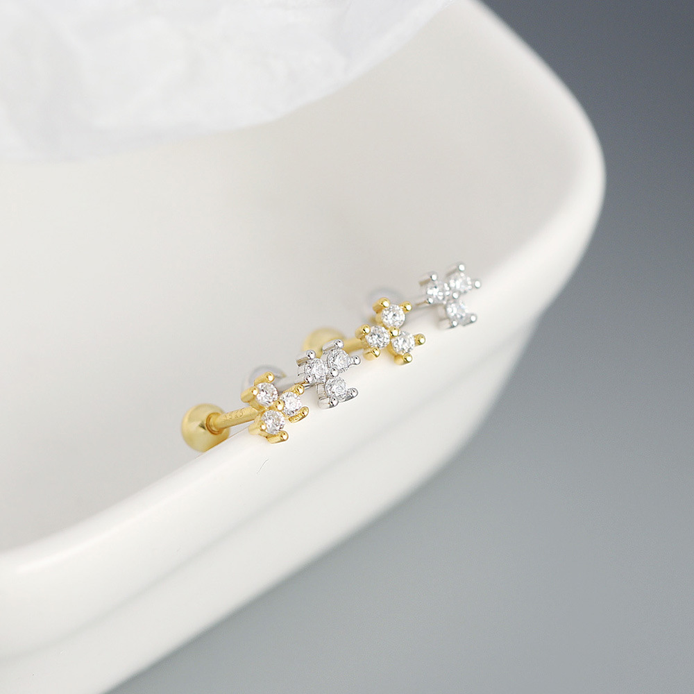 s925 silver flower diamond mini screw ear bone stud sweet earrings