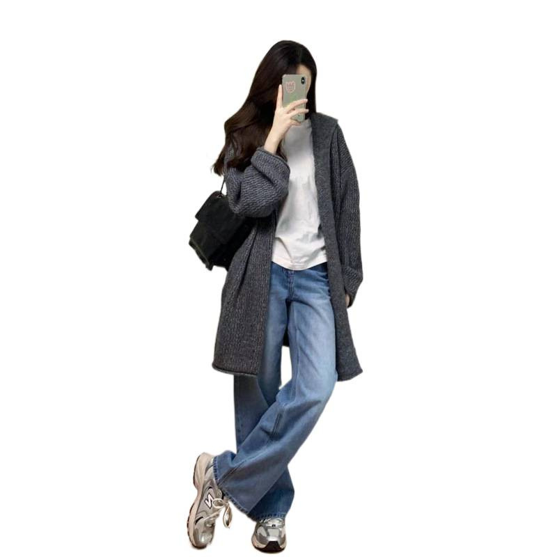 gris medio largo con capuzas con suéter chaqueta de otoño temprano temperamento coreano relajado sensación de cardigan de punto