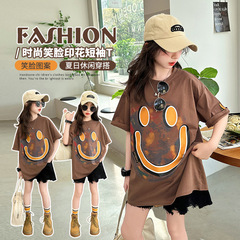 女大童笑臉短袖t恤2024新款夏季洋氣中長款寬鬆童裝體恤半袖套裝