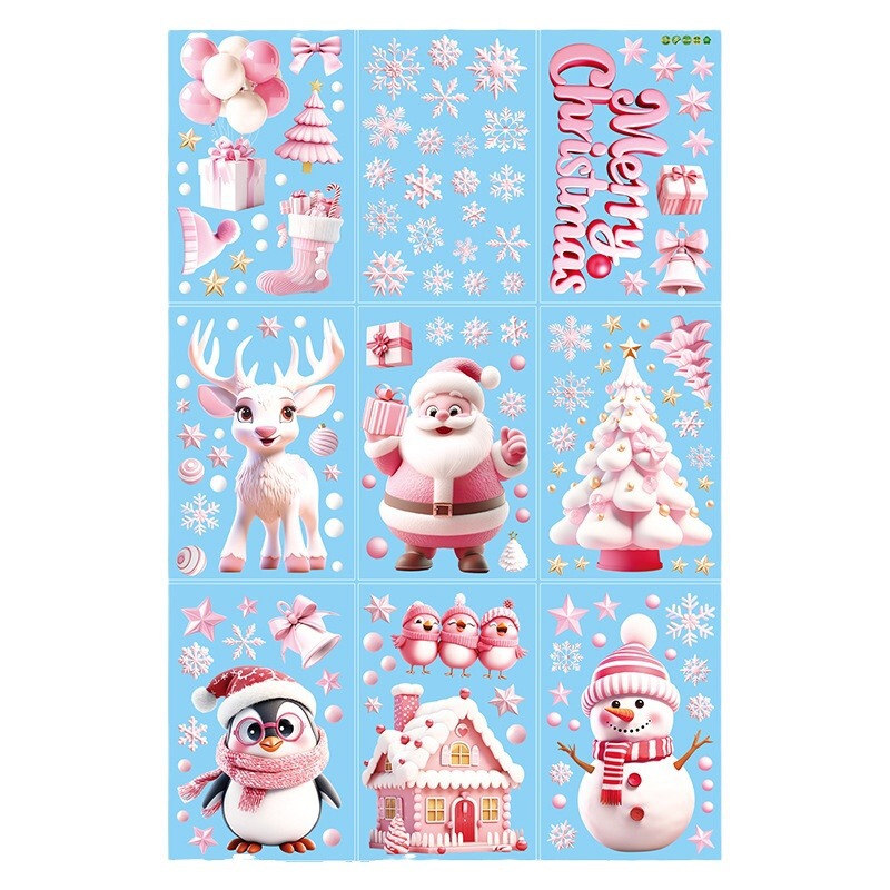 新しいピンクのクリスマスのクリスマスの窓は3dサンタクロースの家の雪のガラスの扉の装飾を貼って絵を貼ります。|undefined