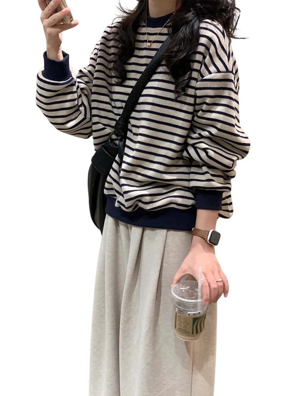 复古港味条纹卫衣女春秋2025新款爆款宽松慵懒风毛衣外套潮A7013|undefined