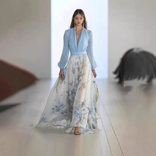 2025欧美女装 亚马逊 独立站 数码印花 长袖 V领 拼接长裙 连衣裙