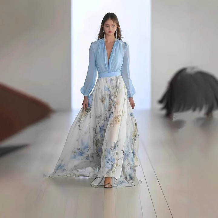 2025欧美女装 亚马逊 独立站 数码印花 长袖 V领 拼接长裙 连衣裙