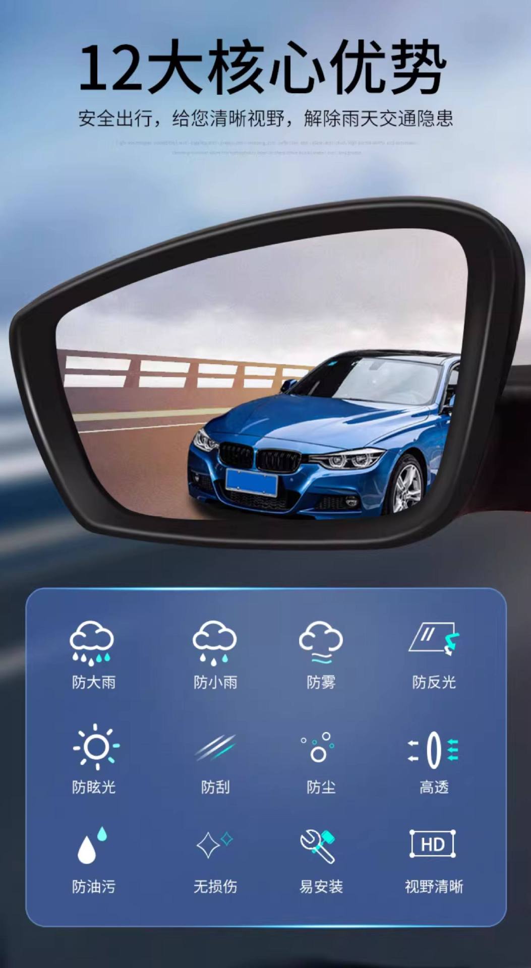 Car Rearview Mirror Rainproof Film Rain Water Sticker Reflector Mirror Rainy Day Window Glass Waterproof