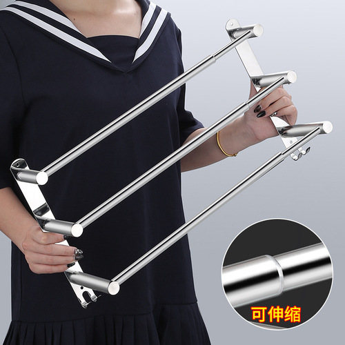 Stainless steel retractable towel rack bathroom wall-mounted towel rack bright punch-free towel rod single and double rod hardware pendant