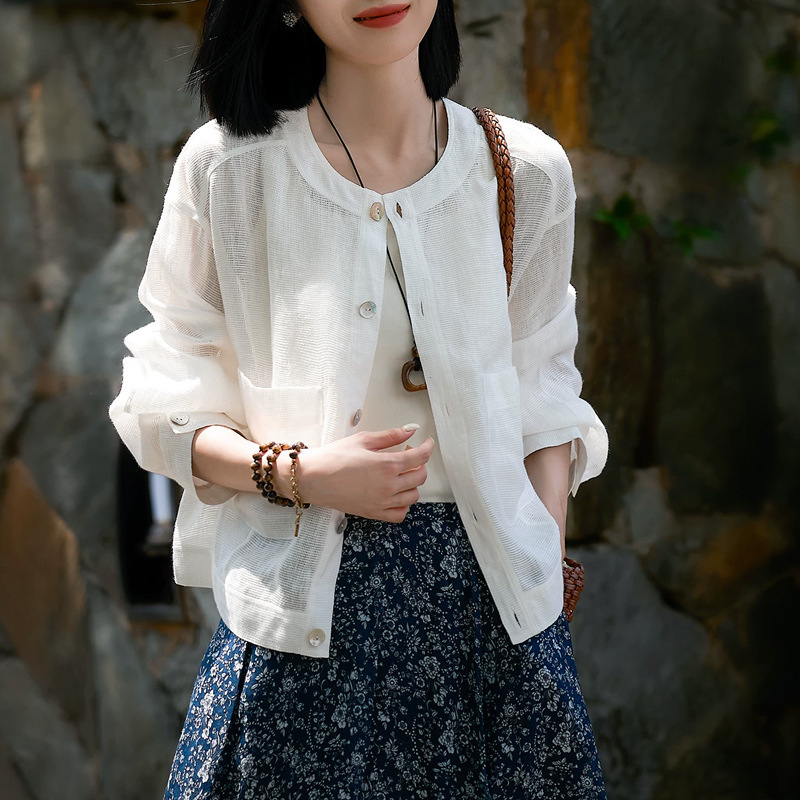 【Relaxed and casual】Comfortable and cool linen/Ma's Beige round-neck short jacket, air-conditioned shirt, women's autumn top