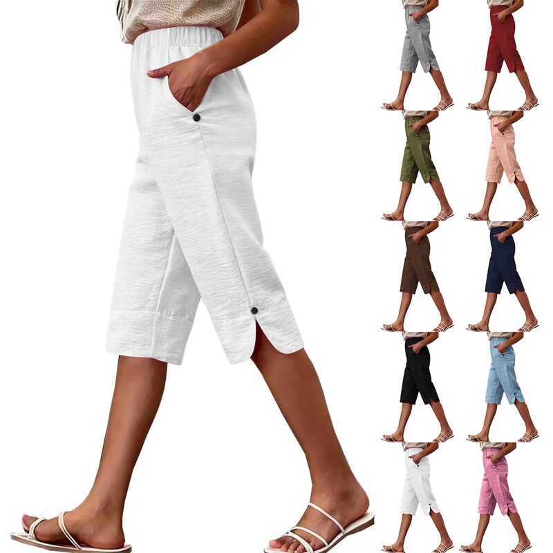 New cross-border women's summer high-waisted elastic straight casual pants, loose and lightweight beach capri pants, cotton-linen shorts