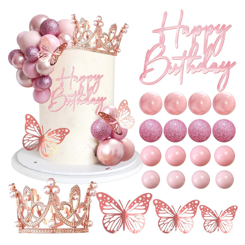 クラウンケーキトッパー アクリル ハッピーバースデー バタフライ 誕生日 結婚式 ベビーシャワー パーティー装飾用|undefined