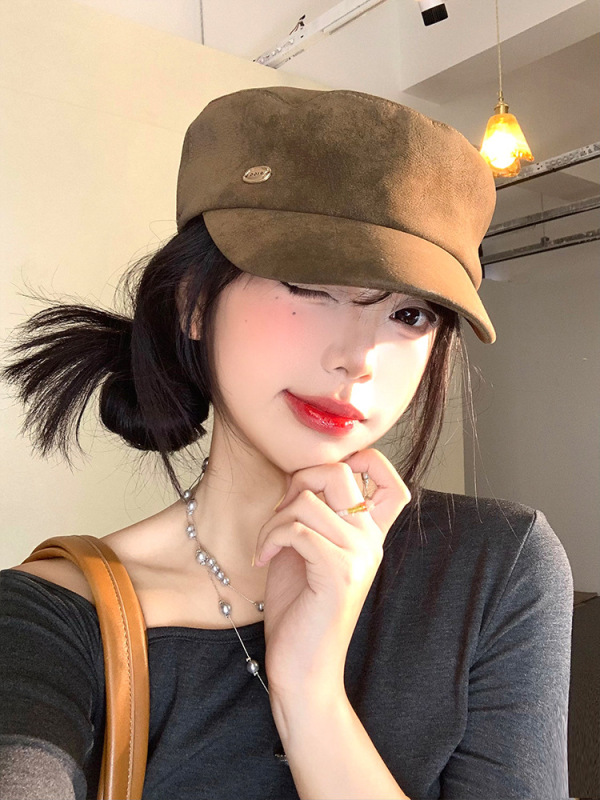 复古高级感麂皮绒鸭舌帽子女秋冬季英伦时尚马术帽气质潮搭报童帽|undefined