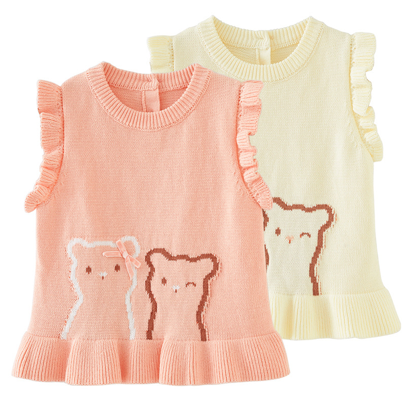 Primavera y otoño bebé suéter de oído de madera vestido de algodón niñas Chaleco de punto de estilo occidental suéter de los niños chaleco