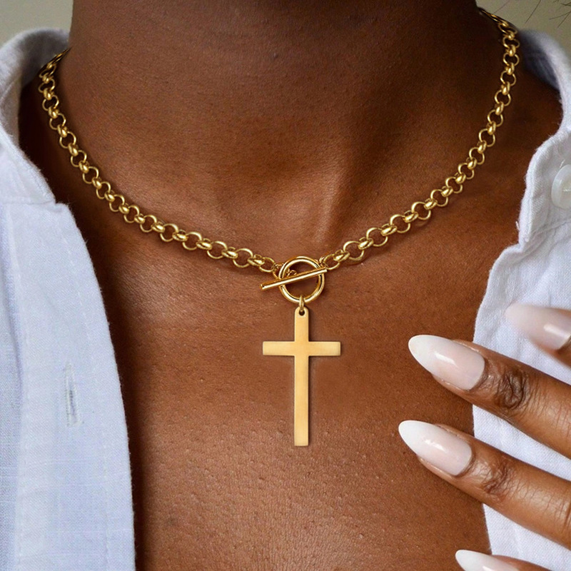 Stainless Steel Amazon Cross-Border New Cross Pendant Thick Necklace Women's Trendy Charm Ot Buckle Design Clavicle Chain Stainless Steel Amazon Cross-Border New Cross Pendant Thick Necklace Women's Trendy Charm Ot Buckle Design Clavicle Chain