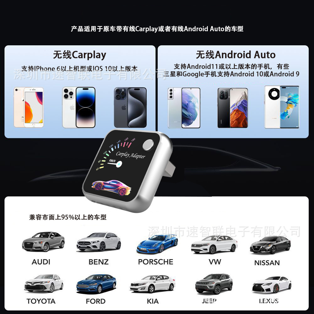 New cross-border carplay box with one-click ambient light switching, Android two-in-one car wireless adapter