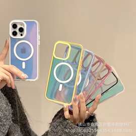 新款晶手机壳14苹果16平plus马卡龙磁吸iPhone15promax保护套彩色