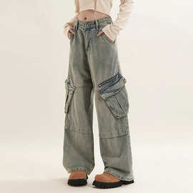 复古蓝水洗多口袋工装裤女美式高街宽松阔腿百搭情侣装直筒牛仔裤
