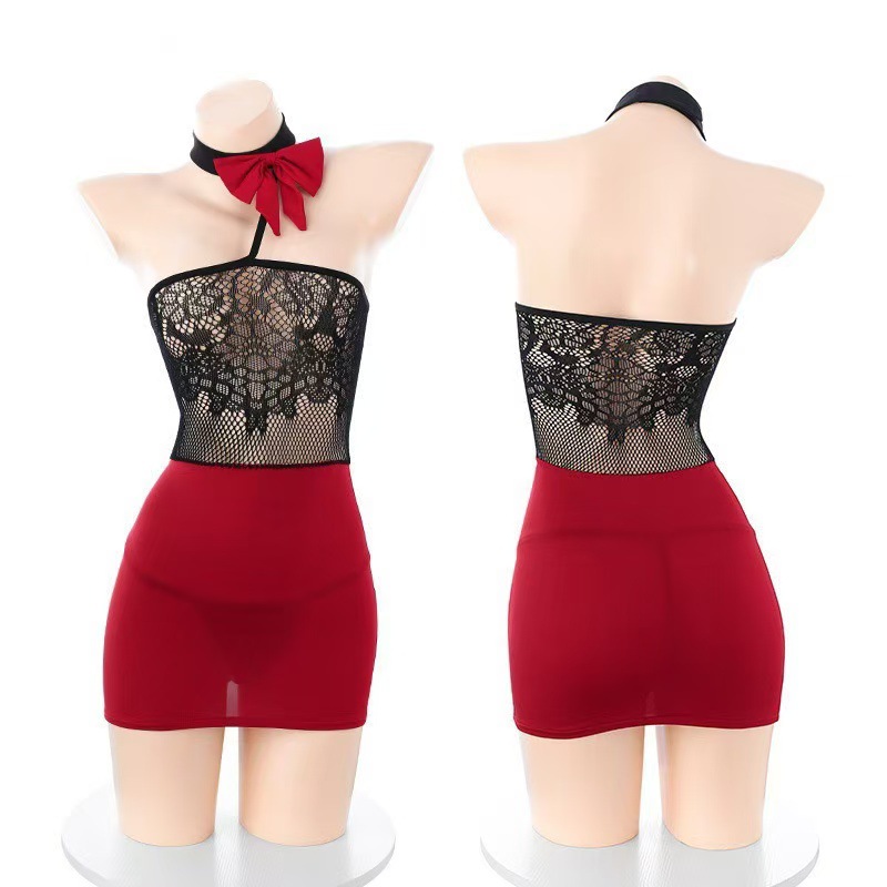 Open-Bust Mesh Babydoll Set, See-Through Lace Lingerie, Red-Black One Size — detail image 2