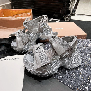 2024 Summer New Style South Korea Platform Platform High Heel Casual Sandals Women's Bow Velcro Women's Trendy Shoes