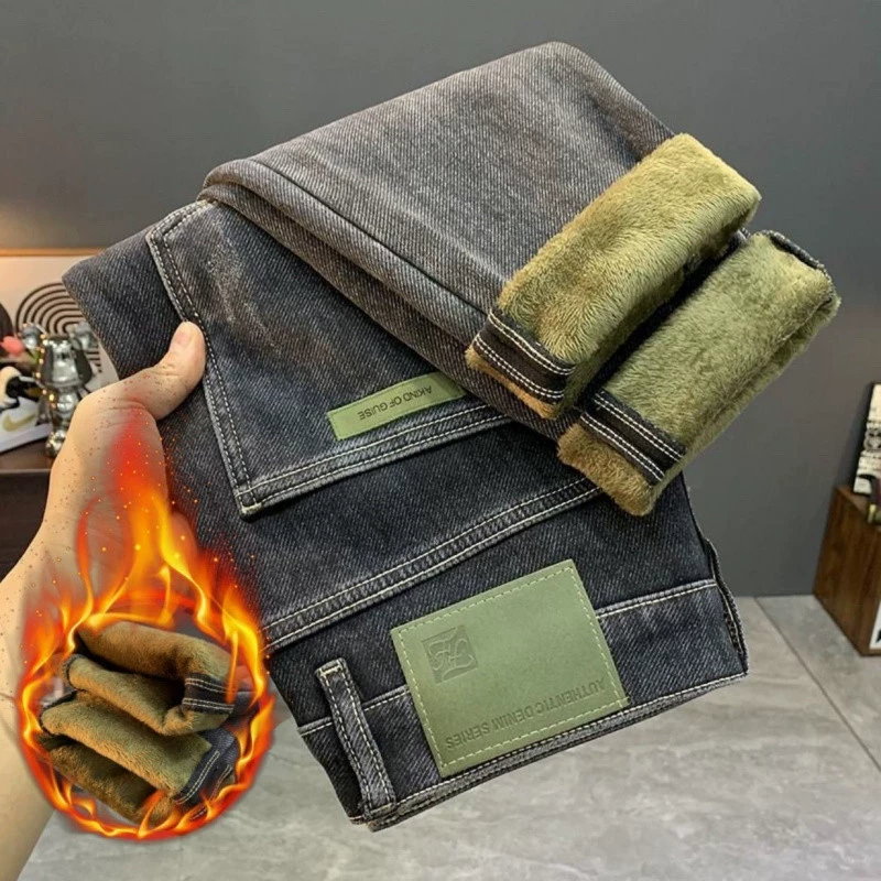 Плюшевые толстые джинсы мужские зимние новые эластичные узкие брюки высокого класса тренд дикие длинные брюки теплые