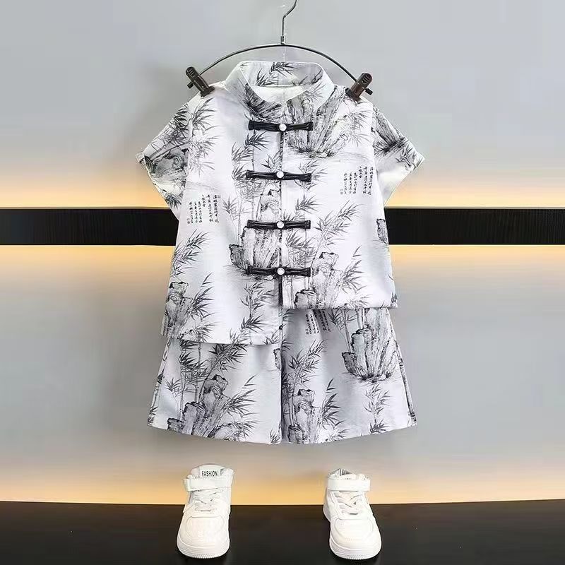 夏の漢服 2025 中国の新しいスーツ男の子の夏服子供の薄い 2 点セット中国風半袖子供の漢服|undefined