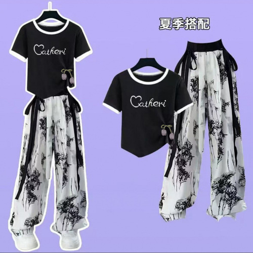 Summer Retro Set for Girls, Literary Chinese Style, Ice Silk Ink Painting Parent-Child Set
