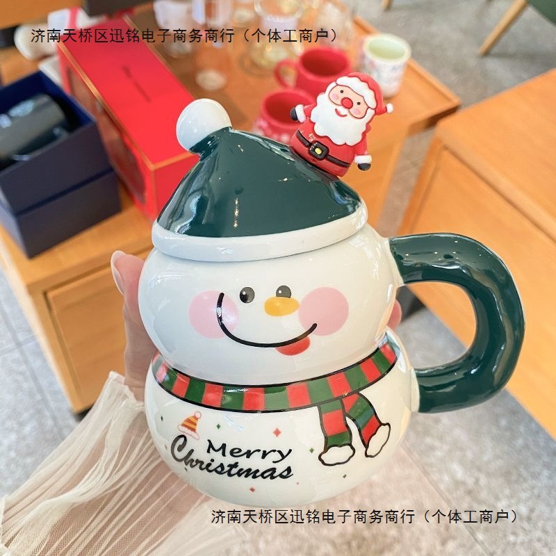 新款圣诞陶瓷杯带盖勺大容量马克杯卡通圣诞杯子礼品水杯学生礼物