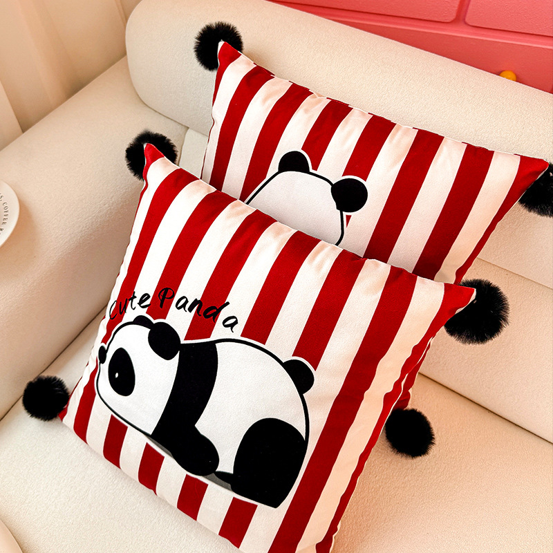 Almohada con estampado de panda de tira vertical, funda de almohada, sofá de sala de estar, almohada de cintura abstracta con estampado de cabecera, bola de pelo