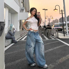 梵思羽美式弯刀阔腿牛仔裤女秋季新款宽松显瘦香蕉镰刀拖地工装裤