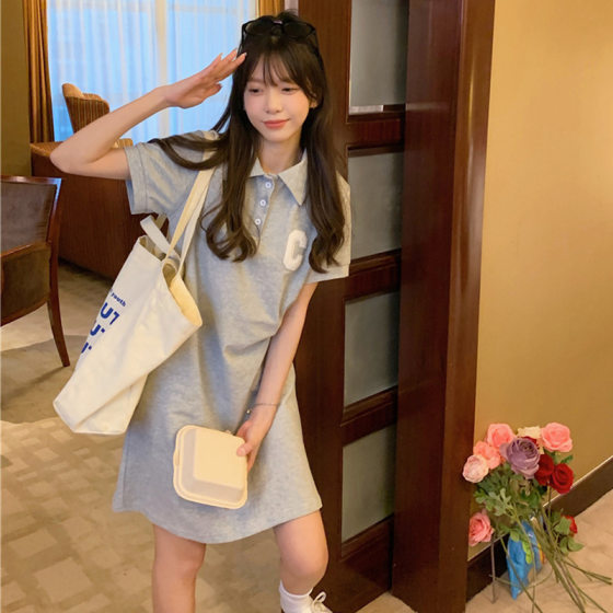 polo collar embroidered short sleeve dress women's summer 2024 New preppy style loose design sense A- line straight skirt