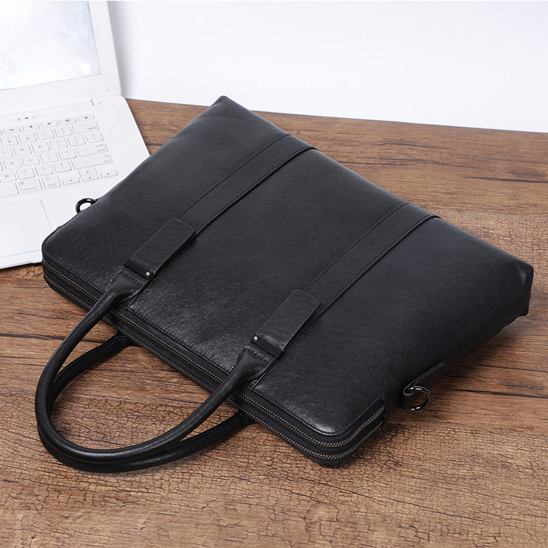 Túi xách tay nam công sở da bò thật hai ngăn khóa kéo, cặp mỏng đeo chéo một vai 39×7×29 cm — Màu đen