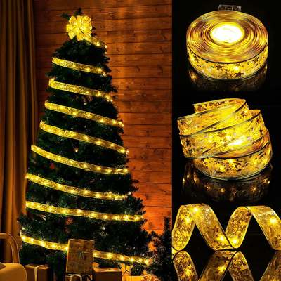 Cross-Border led ribbon lamp satin lamp Christmas ribbon lamp Christmas tree decorative lamp double bronzing luminous ribbon lamp