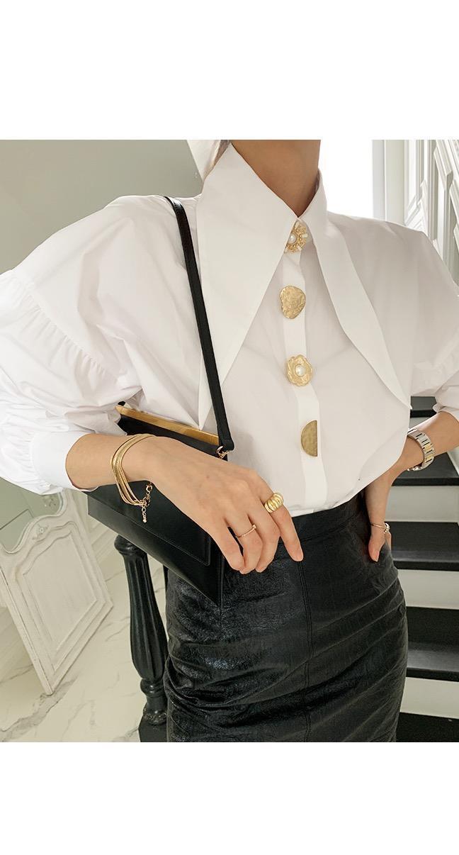 Pointed Collar Blouse for Women White Shirt with Abstract Print Office-to-Date A-Line Top Single Button Closure XS-3XL_voghion.com