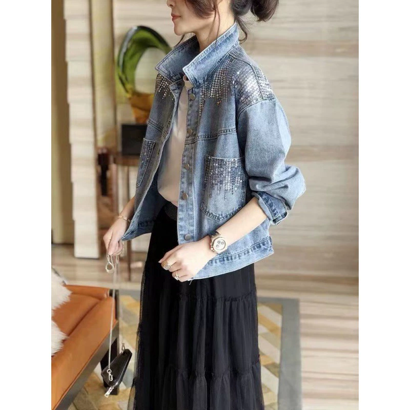 Модное джинсовое пальто с блестками простого дизайна для женщин 2024, весна и осень, новый элегантный подходящий ко всему свободный маленький Топ