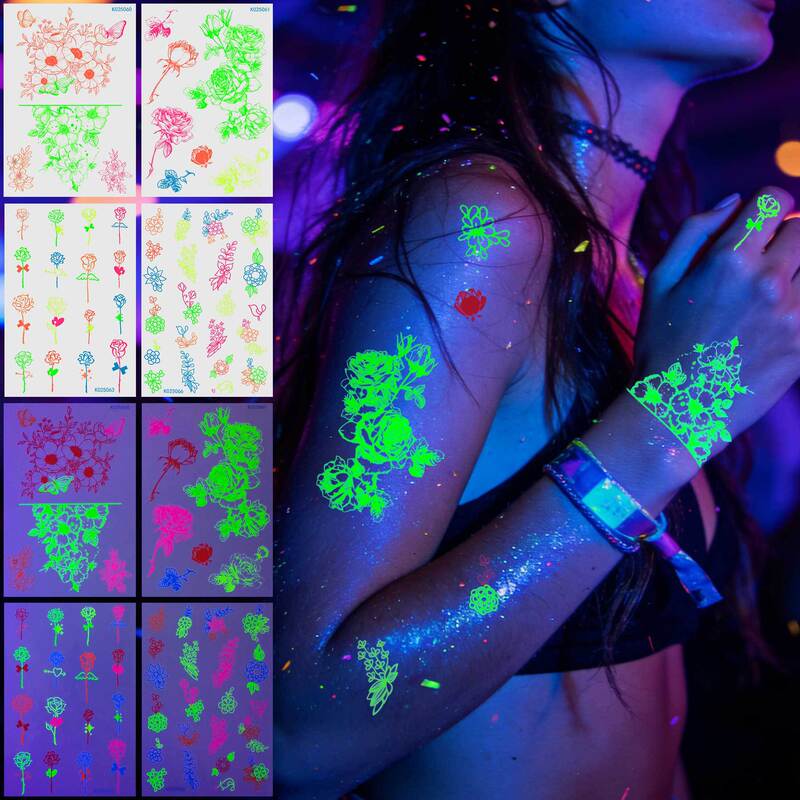 Cross-Border Colorful Fluorescent Rose Tattoo Stickers Nightclub Music Festival Disco Waterproof Luminous Temporary Tattoo Stickers Wholesale
