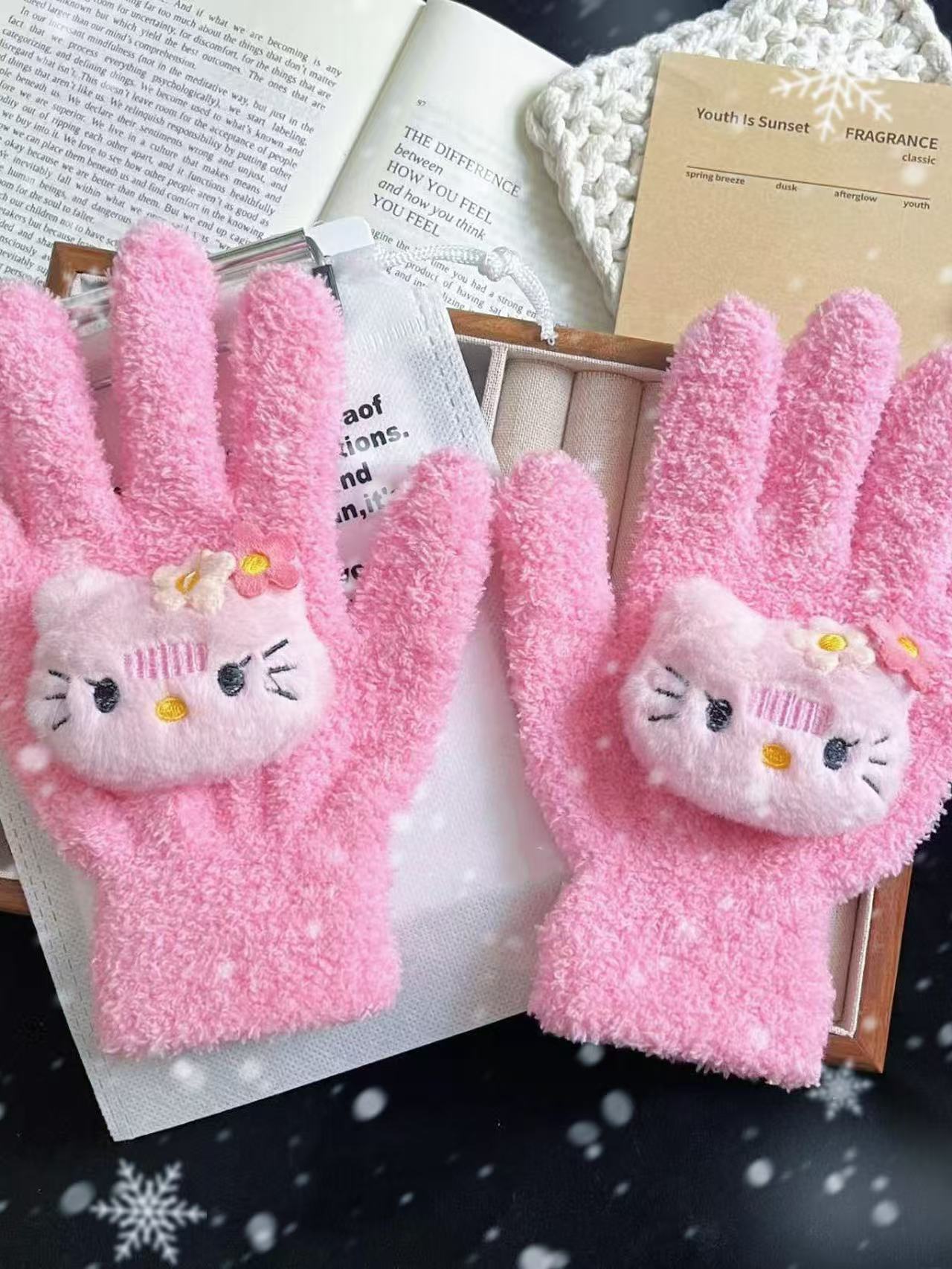 작은 꽃 핑크 고양이 핑크 장갑 [개별 포장]