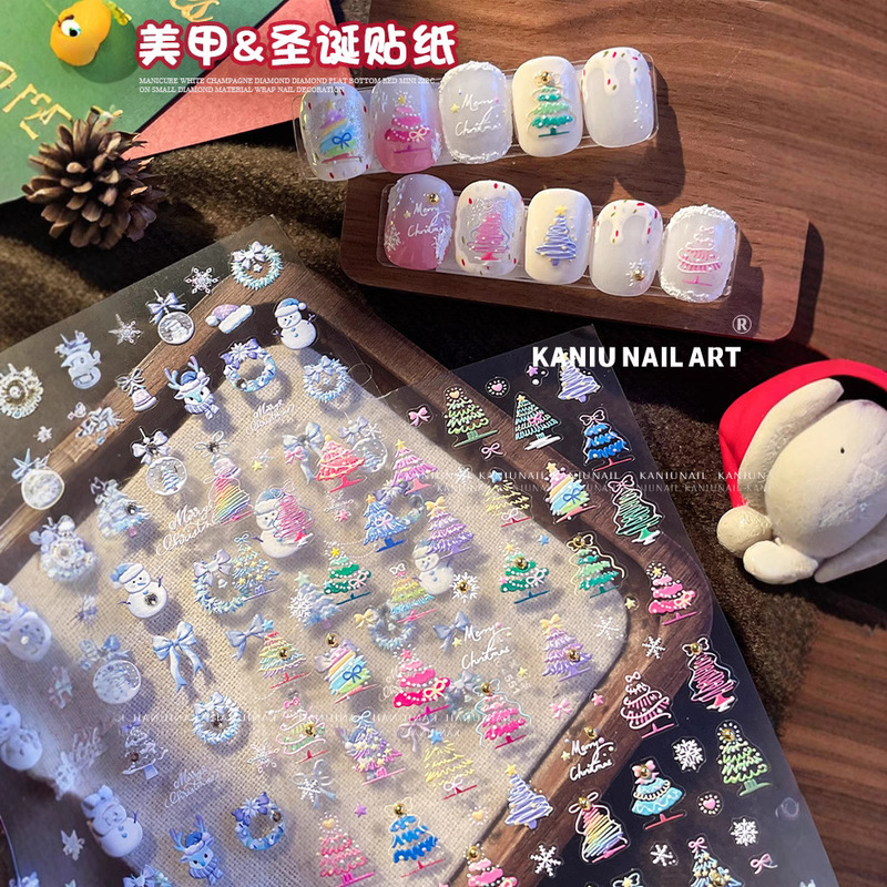 Nail Art Dopamine Crystal Diamond Hot Stamping Christmas Stickers 2026 New 3D Embossed Nail Stickers Decoration Wholesale