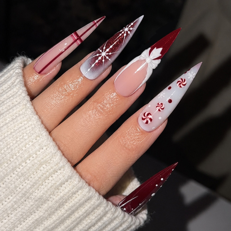 WM-507 Sugar Snow Red French Nail Tips, Christmas Snowflake Bow French Grid Design, Wholesale Nail Tips