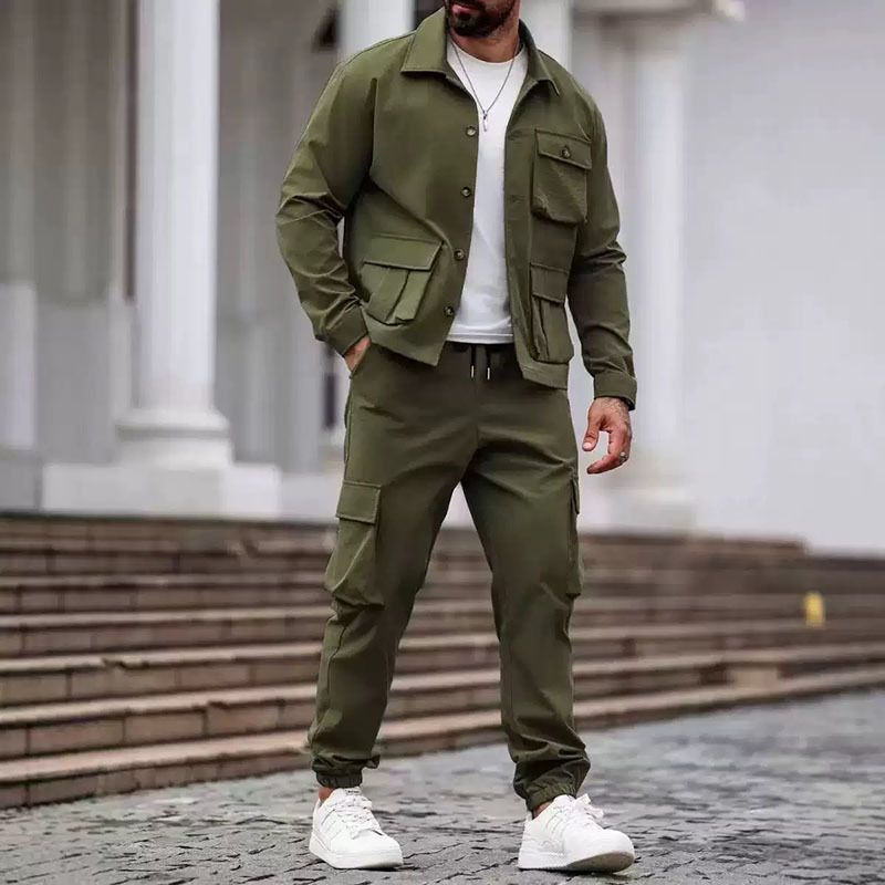 Giacca da lavoro europea e americana con fori incrociati, pantaloni lunghi multitasche, abbigliamento sportivo casual da esterno, completo da uomo alla moda._voghion.com