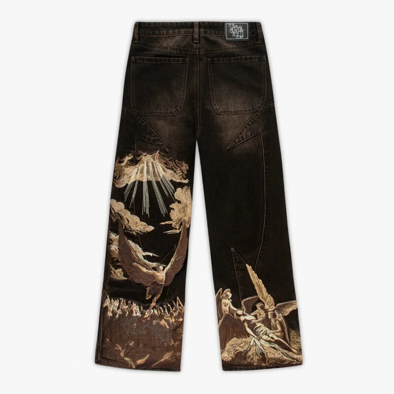 Cross-Border Vescartes Jeans with Eclipse Embroidery, European and American Angel Denim Pants, Fallen Angel Embroidered Pants, Ins Style Cross-Border Vescartes Jeans with Eclipse Embroidery, European and American Angel Denim Pants, Fallen Angel Embroidered Pants, Ins Style