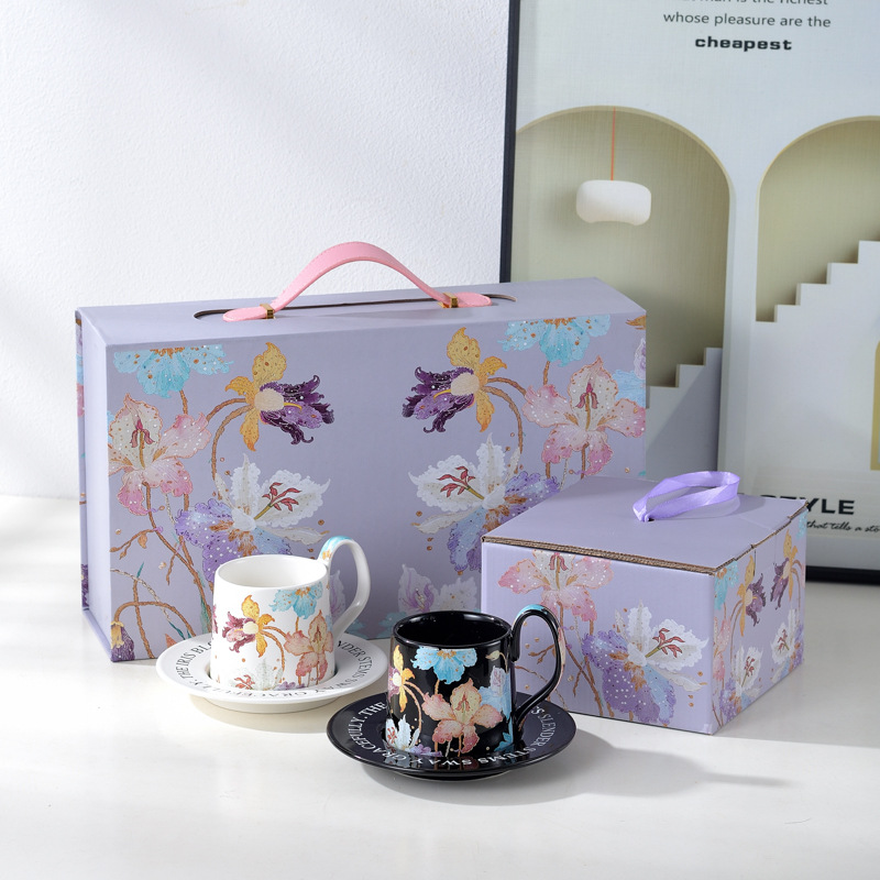復古鳶尾花咖啡杯碟高級感下午茶水彩畫時尚陶瓷杯碟伴手套裝杯子