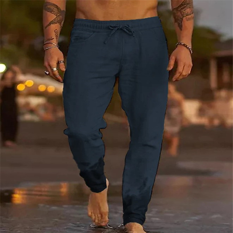 Nuovi pantaloni casual da spiaggia larghi in lino di cotone tinta unita con coulisse_voghion.com