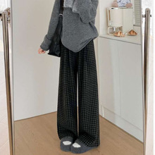 灰色毛呢格子裤女2025早秋新款休闲宽松日系小个子冬直筒款阔腿裤
