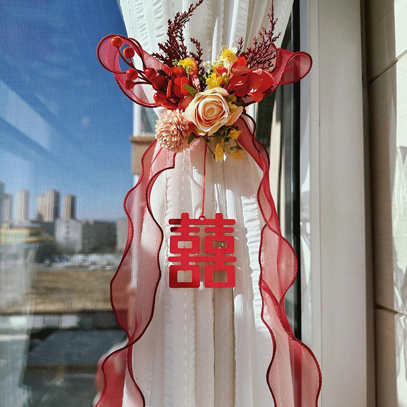 Ins wedding room marriage curtain tie wedding supplies complete set curtain flower new house bedroom living room festive decoration
