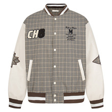 美式复古千鸟格拼接棒球服外套男女2025新款秋冬季宽松情侣款夹克