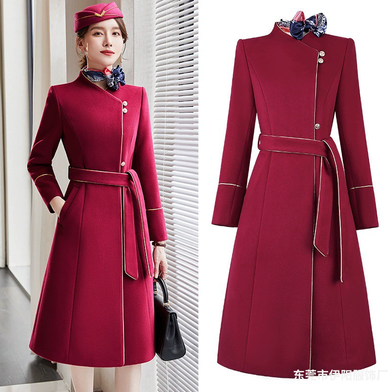 Профессиональное шерстяное пальто винно-красного цвета, женская зимняя темпераментная рабочая одежда, хлопковая стойка регистрации, рабочая одежда для бортпроводника