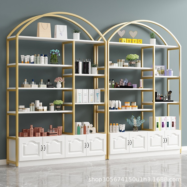 柜货架置物架美容院展架护肤品理发店展示陈列架带柜弧形奶油风格